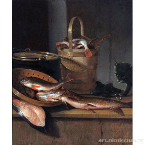 Натюрморт с рыбой и кошкой