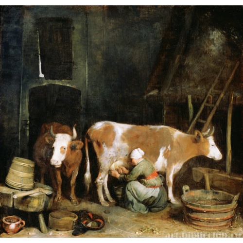 Служанка, доящая корову в сарае