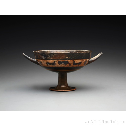 Аттическая чернофигурная окаймленная чаша: львицы и козы