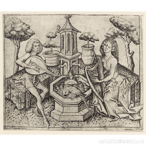 Музицирующая пара у фонтана