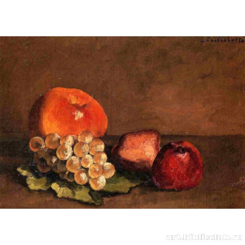 Персики, яблоки и виноград на листьях виноградной лозы