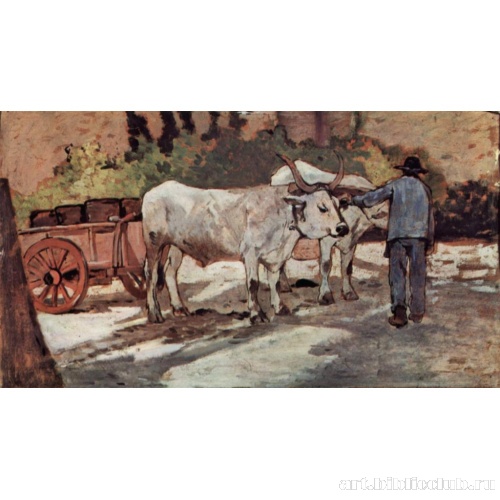 Крестьянин с быком, запряженным в повозку