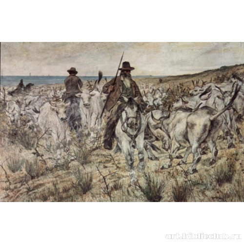 Два пастуха на лошадях со стадом быков