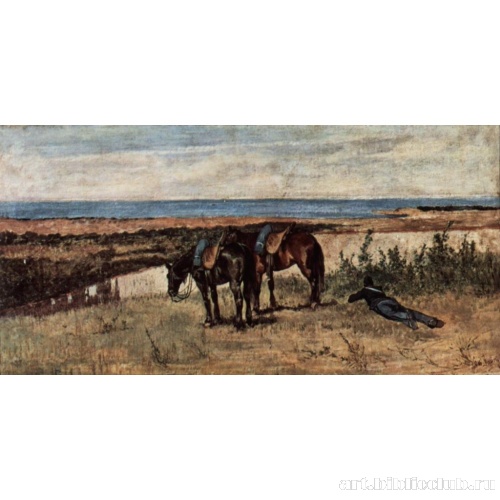 Солдат с двумя лошадями на берегу моря