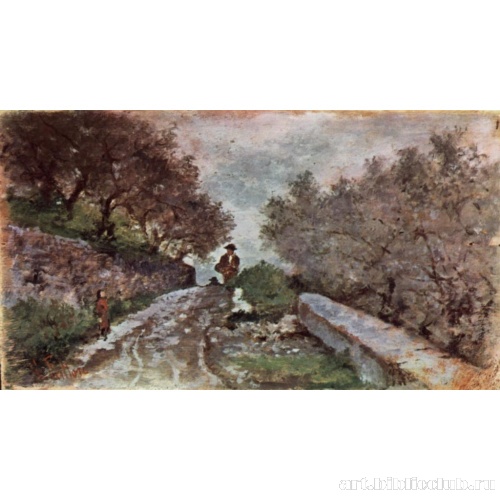 Два путника на дороге, идущей через оливковую рощу