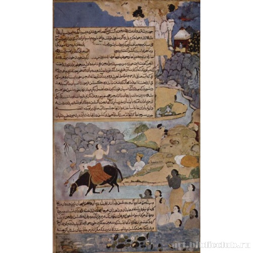 Рукопись «Разм-намэ». Кришна и Пандавы поят коней