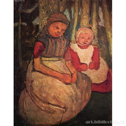 Две сидящие девочки в березовой роще