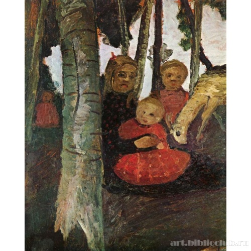 Трое детей с козой в березовой роще