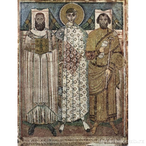 Св. Димитрий с основателями церкви. Мозаика церкви св. Димитрия в Фессалониках