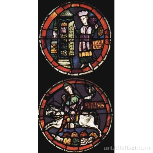 Витражная роза кафедрального собора в Лозанне. Месяцы апрель и май