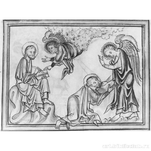 Иоанн приклоняется на коленях перед Ангелом, повелевшим ему писать