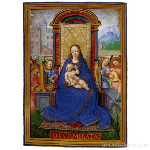 Мадонна с младенцем на троне. Ангелы играют на музыкальных инструментах