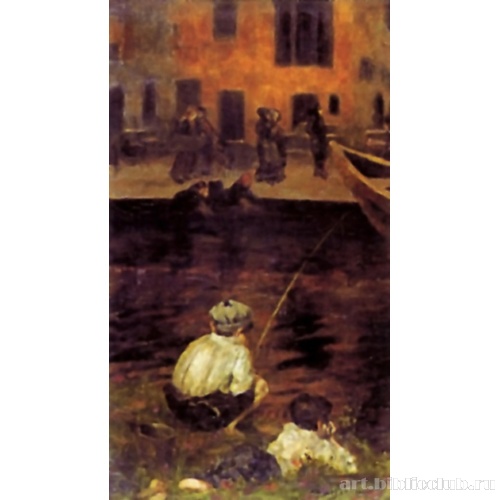 Канал с двумя мальчиками, удящими рыбу