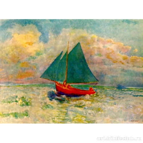 Красная лодка с голубым парусом