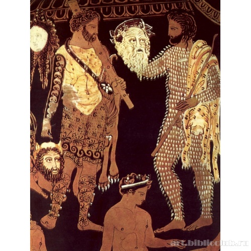 Актеры с масками. Роспись кратера с волютами. Деталь