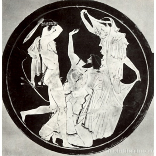 Аполлон, закалывающий Тития. Роспись на дне килика