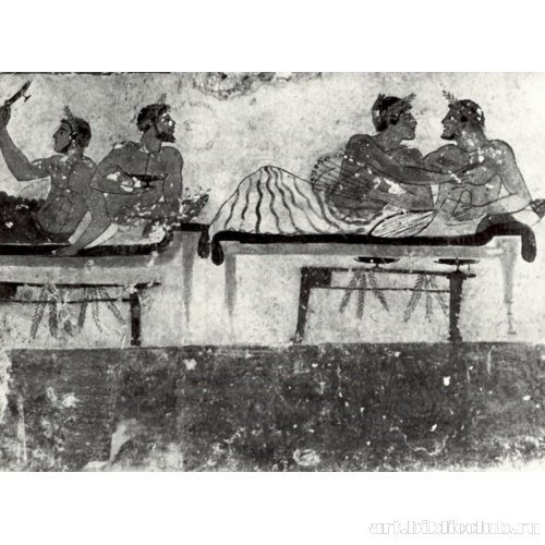 Сцена симпосия (плита А). Роспись «Гробницы ныряльщика». Деталь