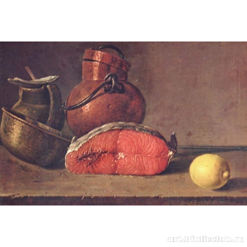 Натюрморт. Лососина, лимон и три сосуда