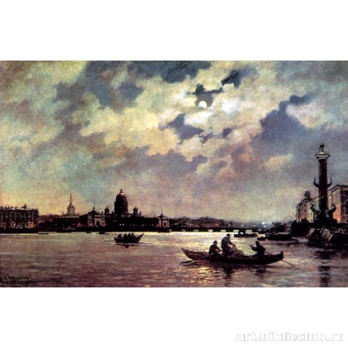 Вид на Неву и адмиралтейскую набережную в лунную ночь