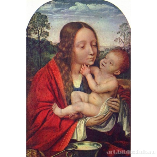 Мария с младенцем Иисусом на фоне пейзажа