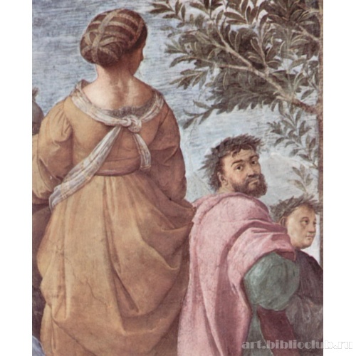 Станца делла Сеньятура в Ватикане. Парнас . Фрагмент. Муза Эрато, Ариосто, Боккаччо