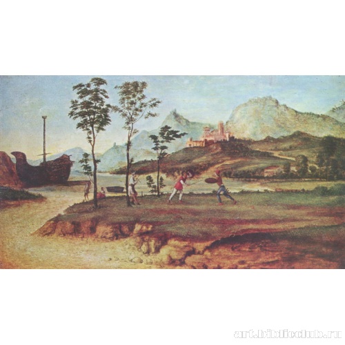 Берег моря с двумя сражающимися мужчинами