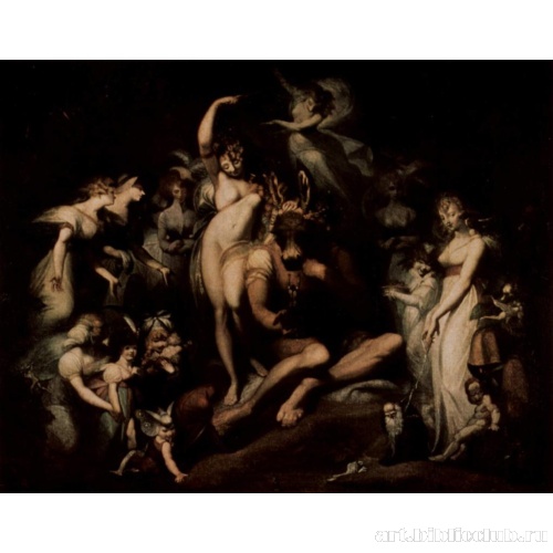 Царица эльфов Титания ласкает ткача Основу с головой осла