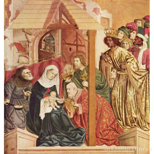 Алтарь Страстей из Вурцаха, правая внешняя створка, сцена вверху. Поклонение волхвов