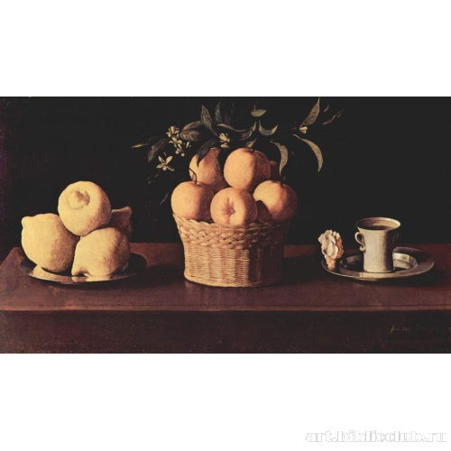 Тарелка с лимонами, корзина с апельсинами и роза на блюдце