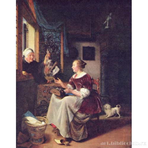 Старуха, подающая петуха молодой женщине через окно