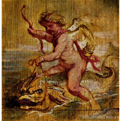 Амур, плывущий верхом на дельфине