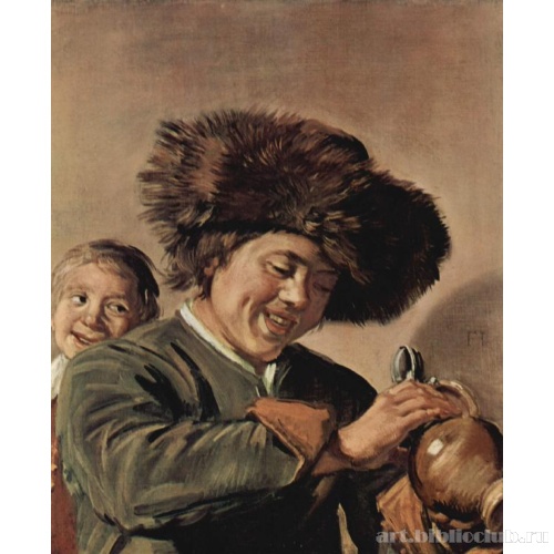 Два смеющихся юноши с пивным кувшином