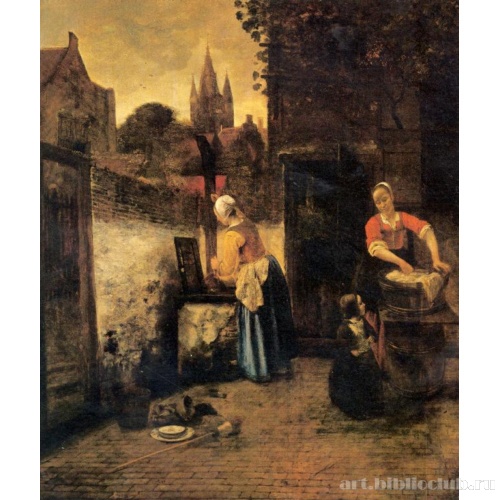 Две женщины с ребенком во дворе