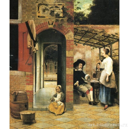 Два пьющих вино мужчины и женщина в беседке