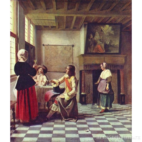 Женщина и двое мужчин, пьющие вино, и служанка