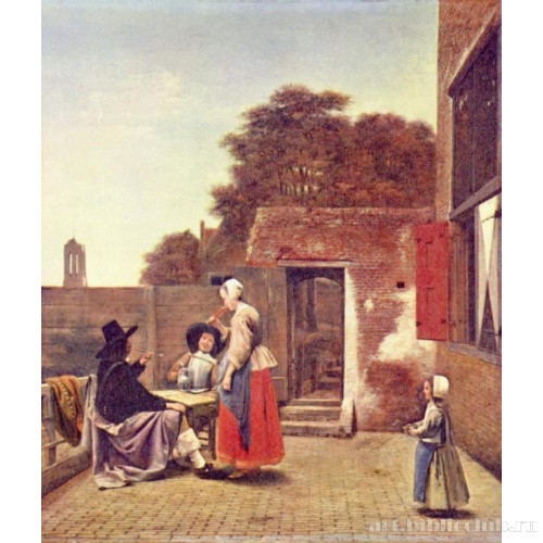 Два офицера и пьющая вино женщина во дворе