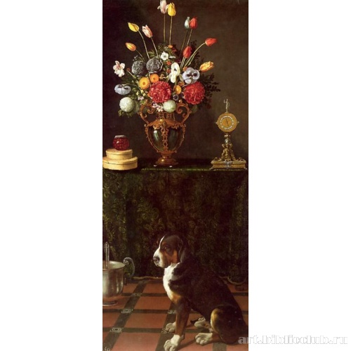 Натюрморт со сладостями, цветами, часами и собакой