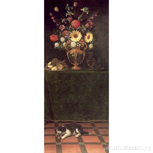 Натюрморт со сладостями, цветами, часами и щенком