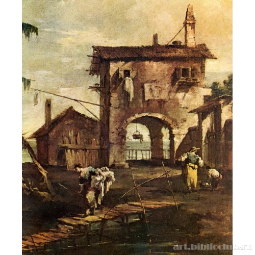 Каприччио: обветшавшая церковь, крестьянский дом и фигуры на реке Лагуны, фрагмент