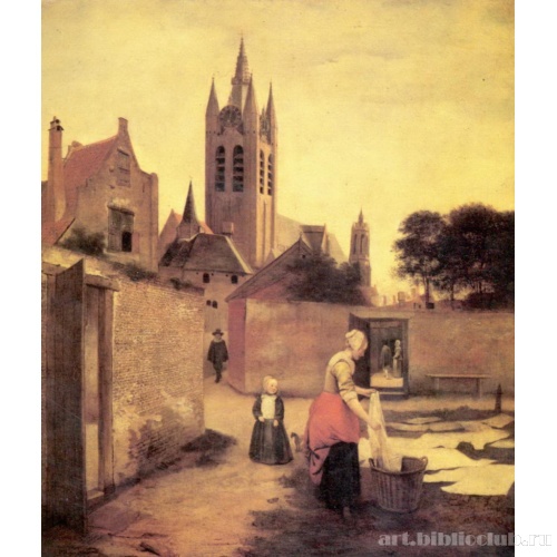 Женщина с ребенком на лугу для беления белья