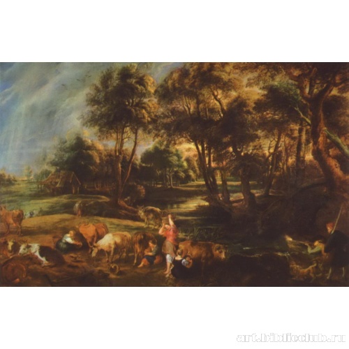 Пейзаж со стадом коров и охотниками на уток