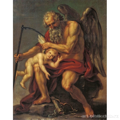 Сатурн с косой, сидящий на камне и обрезывающий крылья Амуру