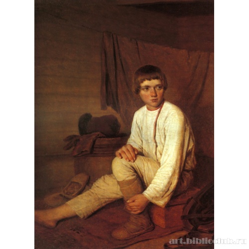 Крестьянский мальчик, надевающий лапти