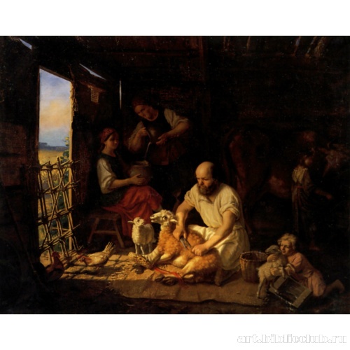 Крестьянин, стригущий овцу