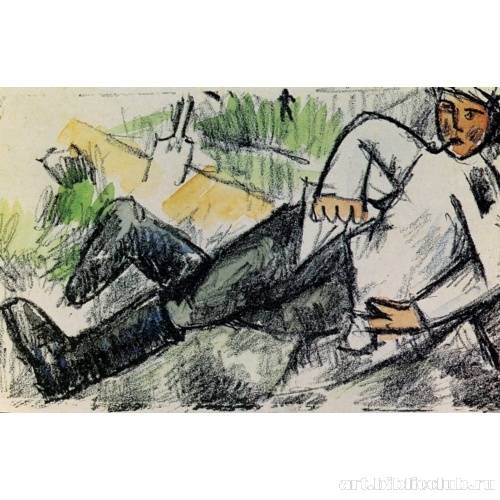 Отдыхающий солдат. Из серии литографированных открытых писем, изданных А. Крученых