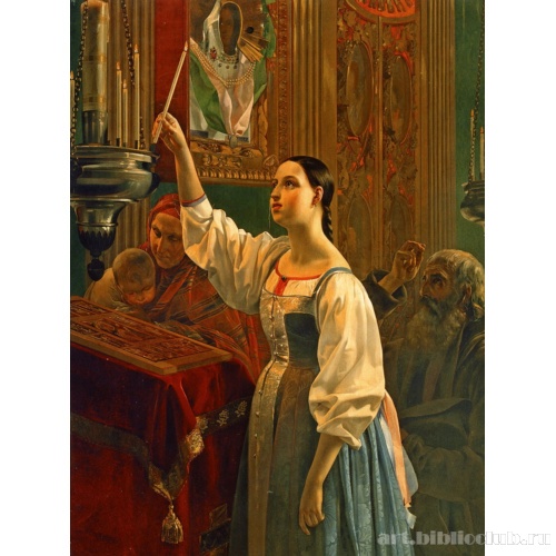 Девушка, ставящая свечу перед образом