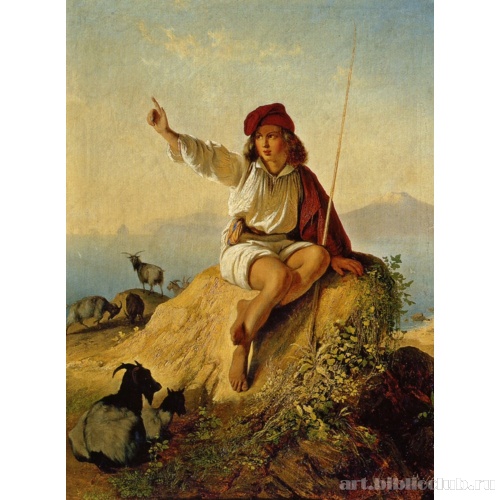 Неаполитанский пастушок на берегу моря, освещенный восходящим солнцем