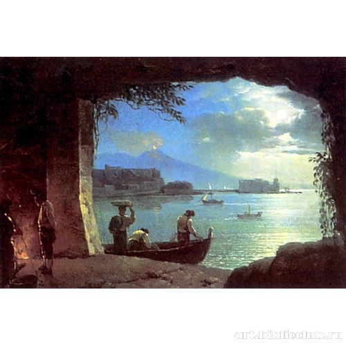 Вид из грота на Везувий и Кастелло дель Ово в лунную ночь