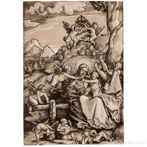 Мадонна в пейзаже в окружении ангелов