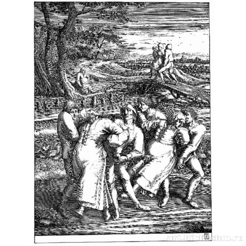 Группа крестьян, ведущих двух женщин, направляющаяся влево